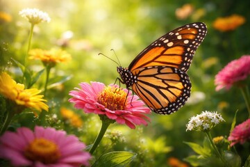 Obraz premium Joyful butterfly resting on vibrant spring flowers and lush greenery