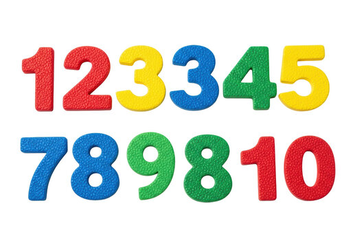 detailed macro close-up of ten vibrant, textured eva foam numbers (one through ten) arranged in parallel rows against a transparent backdrop, bright visual educational concept
