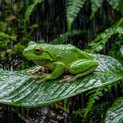 Obraz premium Frog on a leaf during the rain