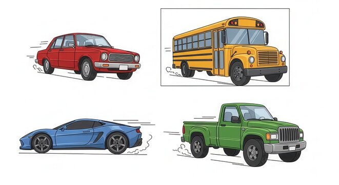 Diverse vehicles in motion: car, school bus, sports car, pickup truck