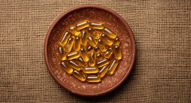 Yellow gelatin vitamin D3 capsules placed on handcrafted clay plate with coarse burlap background promoting bone vitality