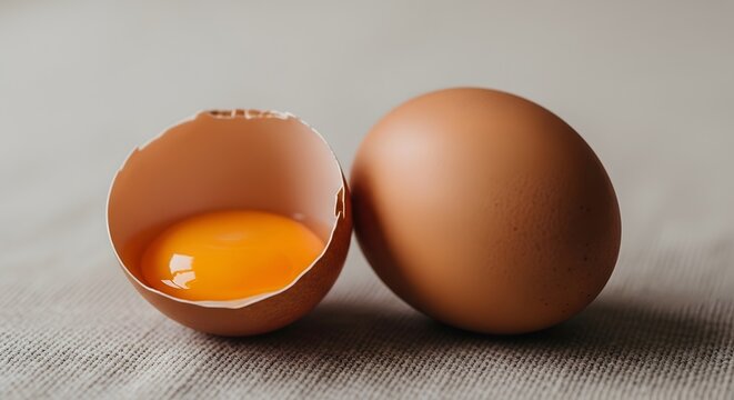 Satu butir telur cokelat utuh dan satu telur pecah memperlihatkan kuning telur segar di atas tekstur kain abu-abu
