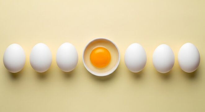 Barisan telur putih dengan satu mangkuk kuning telur di tengah yang simetris di atas latar kuning pastel