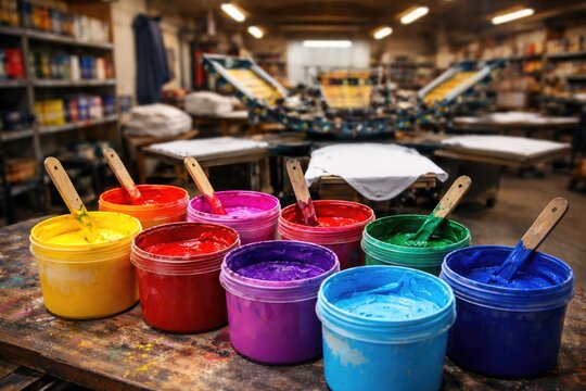 Selection of plastisol inks displayed in t shirt production area with copy space for customization