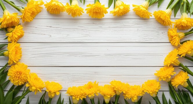 Vivid yellow flamboyant flowers arranged on white wooden panel with open copy space to celebrate spring and Easter concepts