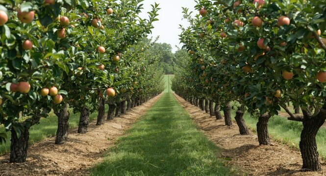 Trendy apple tree grove with shaped espaliers and a natural path with copy space