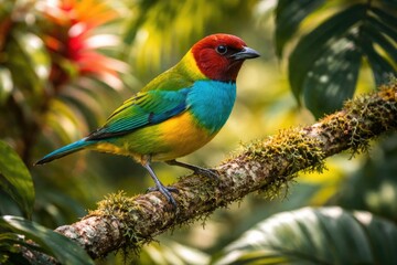Fototapeta premium Colorful bay headed tanager perched on tropical branch