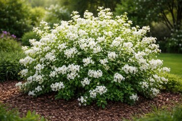 Obraz premium A vibrant flowering bush with delicate white blossoms surrounded by rich green foliage in a mulched garden bed