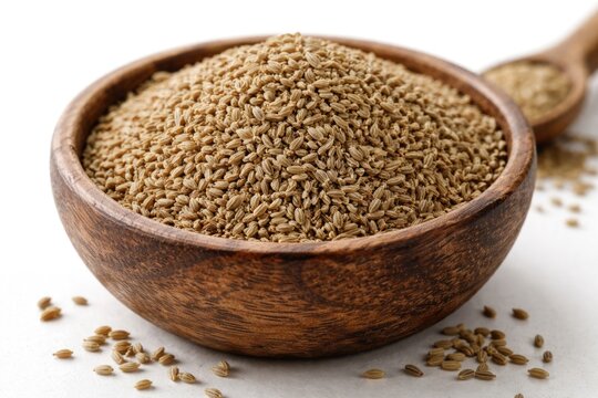 Close up of ajwain seeds in a rustic wooden bowl on a clean white background highlighting traditional cooking spices