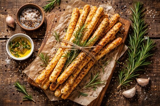 Top view of crispy Italian grissini breadsticks with sesame seeds and fresh rosemary on a rustic kitchen table