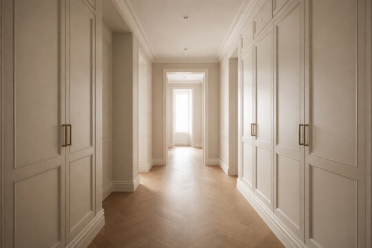 Empty hallway with pale walls and built in closets under soft natural light