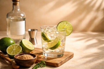 Obraz premium Classic Ti Punch cocktail with fresh lime and white rum on beige shadowed background with copy space