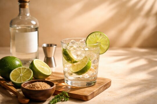 Classic Ti Punch cocktail with fresh lime and white rum on beige shadowed background with copy space