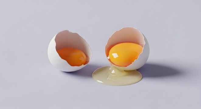 Satu butir telur putih yang pecah menjadi dua bagian dengan isi telur yang tumpah di atas latar belakang ungu