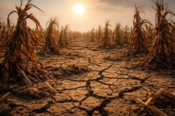 Obraz premium Drought Effects on Corn Crops with Parched Soil and Scorching Sunlight