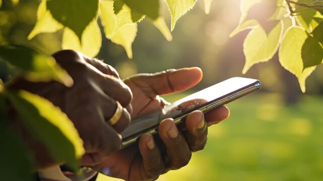 Close-up of human hands holding a modern smartphone outdoors, illuminated by dappled sunlight filtering through vibrant green leaves, showcasing mobile connectivity in a serene natural environment