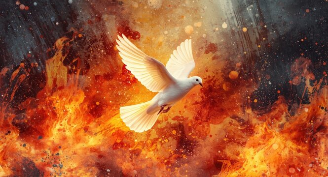 Pentecost religious scene in watercolor featuring dove and fire flames with splatter textures suitable for church printing