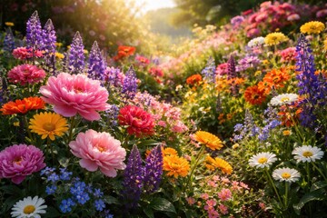 Fototapeta premium Vibrant Flower Garden in Full Bloom with Soft Morning Light