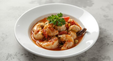 Fototapeta premium Non spicy seafood and nut Thai cuisine presented on white dish