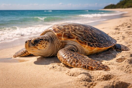 Loggerhead turtle resting on sandy shore under bright sunlight