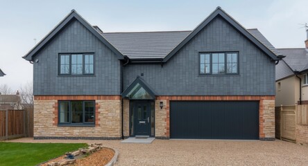 Obraz premium Stylish new build exterior showcasing gray timber panels, stone supports, and integrated double garage