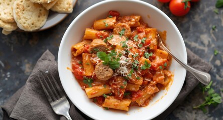 Fototapeta premium Spicy Italian Sausage Mixed in Creamy Tomato Rigatoni
