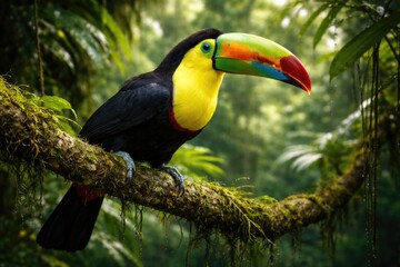 Obraz premium Colorful toucan bird perched on lush rainforest branch