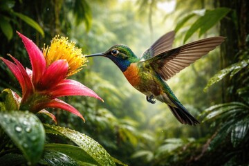 Obraz premium Vibrant hummingbird sipping nectar mid hover in lush rainforest flora