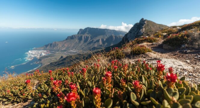 Unique fynbos plant life thriving on Table Mountain landscape including copyspace
