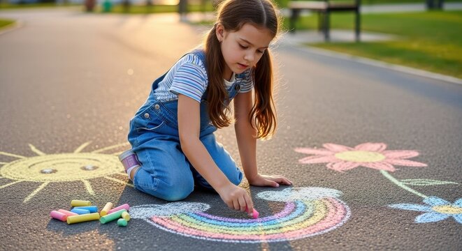 Creative young girl drawing a colorful chalk rainbow on the pavement.