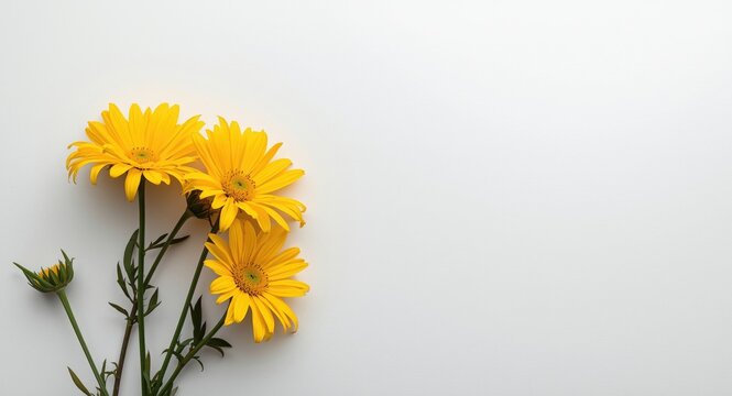 Yellow garden flowers captured on a white smooth panel background
