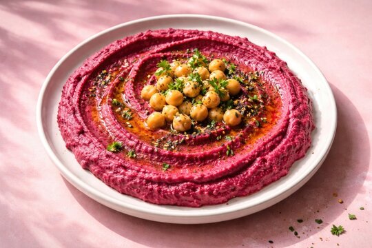 Vibrant beetroot hummus on a white plate topped with chickpeas and herbs with a soft pink shadowed background