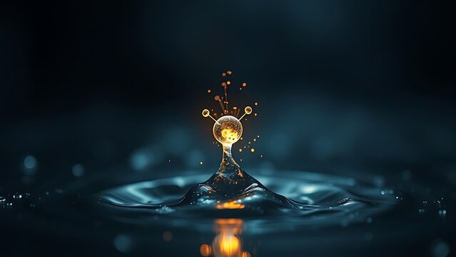 A single, complex, glowing molecule emerges from a dark, primordial aqueous solution, symbolizing the spark of life.