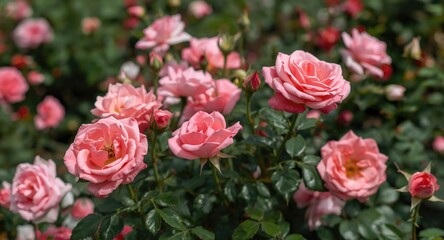 Obraz premium Pink roses in full bloom on a lush garden bed with a Valentine Day copy space area