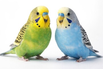 Fototapeta premium Two cheerful parakeets perched on a white backdrop