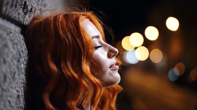 A serene red haired woman leaning against a wall in the city at night.