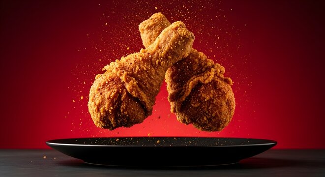 Dua paha ayam goreng tepung yang renyah disusun menyilang di atas piring hitam dengan taburan bumbu pedas