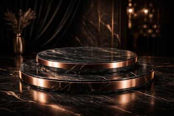 Obraz premium Luxurious black marble podium featuring rose gold highlights for elegant product showcasing