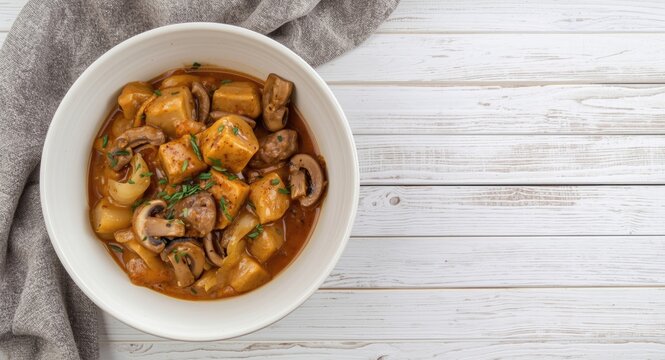 Overhead image of creamy beef stroganoff with mushrooms onions served in bowl on white wood with copy space