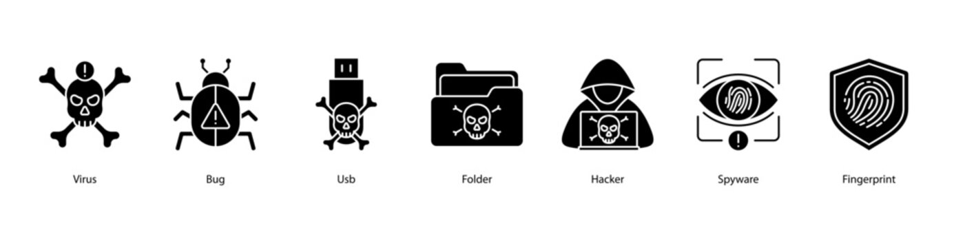 Cyber Threats web banner icon vector illustration featuring Virus, Bug, USB, Folder, Hacker, Spyware, and Fingerprint.