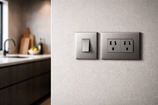 Close up of light switch and electrical outlet on textured wall with copy space in a sleek modern kitchen