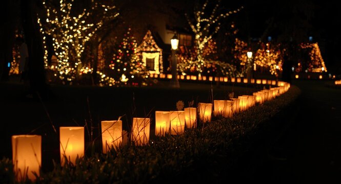 Glowing luminaria lights illuminating a classic Christmas night celebration