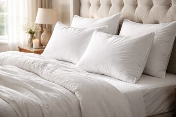 Obraz premium Bright white pillows highlighted on a cozy bed with matching duvet and bedspread in a bedroom