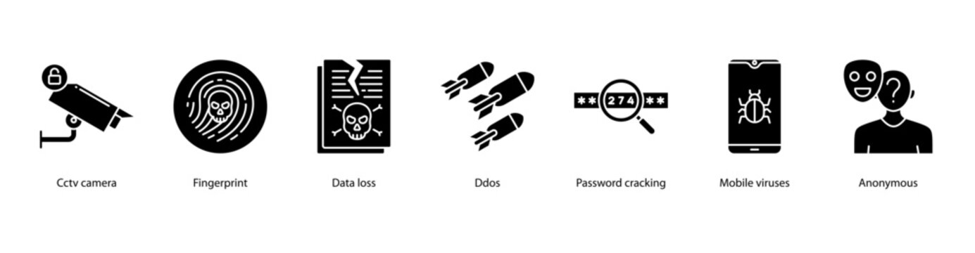 Digital Surveillance web banner icon vector illustration featuring CCTV Camera, Fingerprint, Data Loss, DDoS, Password Cracking, Mobile Viruses, and Anonymous.