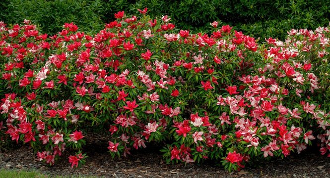 Mixed red and white flowering Oleander shrubs in landscaped area