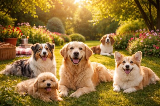 Happy dogs lounging peacefully in a sunny garden