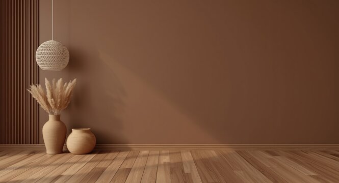 Stylish room interior with wooden elements and unoccupied brown wall for boho design presentation