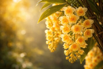 Obraz premium Yellow orchid Dendrobium densiflorum illuminated by morning light with copy space background