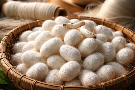 Fresh white silkworm cocoons collected for silk thread production