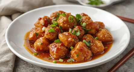Fototapeta premium Spicy Chicken Manchurian with Tangy Gravy in Asian Cuisine